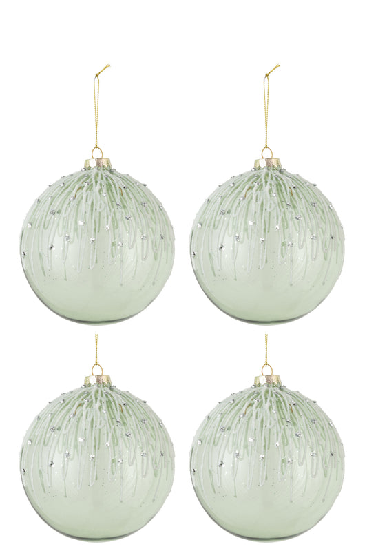 BOX OF 4 CHRISTMAS BAUBLES PEARLS GLITTER GLASS PEARL MINT GREEN LARGE