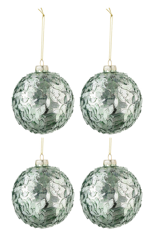 BOX OF 4 CHRISTMAS BAUBLES SEQUINS GLASS LIGHT AZURE MEDIUM