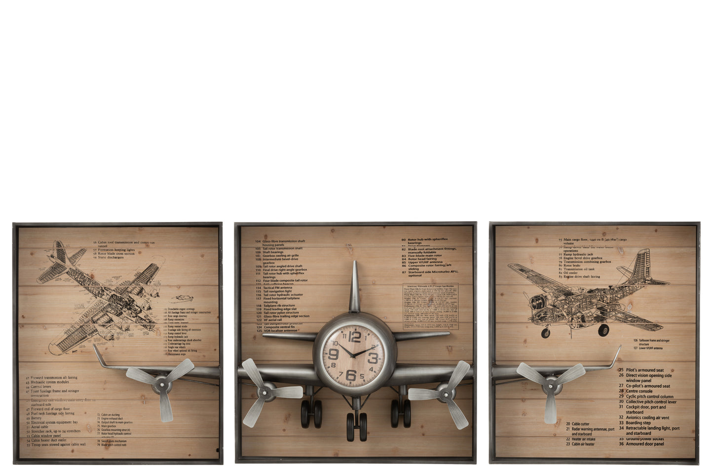 CLOCK AIRPLANE IN FRAME 3PARTS IRON/MDF BROWN/BLACK