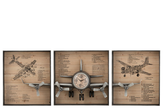 CLOCK AIRPLANE IN FRAME 3PARTS IRON/MDF BROWN/BLACK