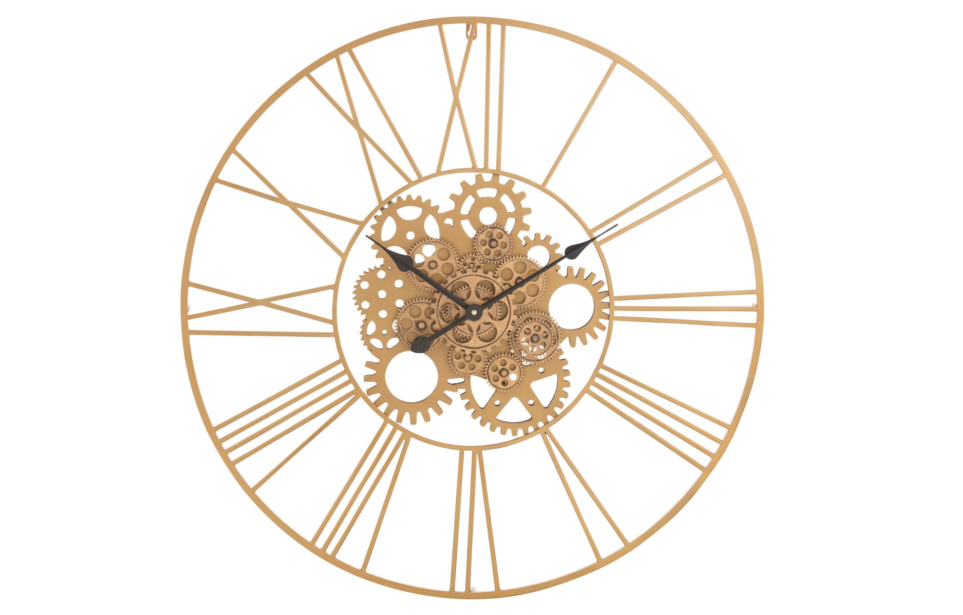 CLOCK ROUND ROMAN NUMERALS GEARS METAL GOLD