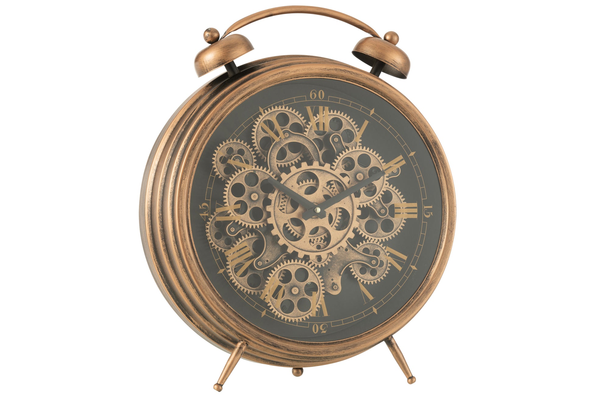 CLOCK ALARM ROMAN NUMERALS GEARS METAL COPPER LARGE