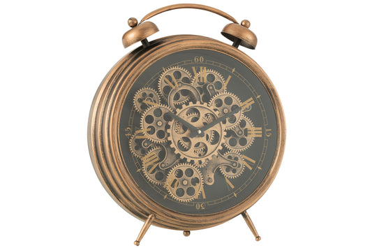 CLOCK ALARM ROMAN NUMERALS GEARS METAL COPPER LARGE