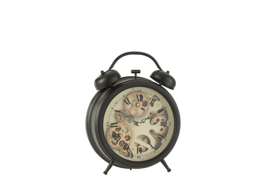 CLOCK ALARM ROMAN NUMERALS GEARS METAL BLACK MEDIUM