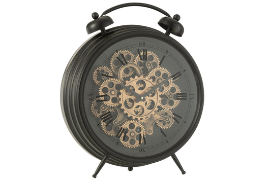 CLOCK ALARM ROMAN NUMERALS GEARS METAL BLACK LARGE