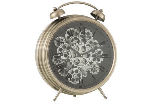 CLOCK ALARM ROMAN NUMERALS GEARS METAL SILVER LARGE