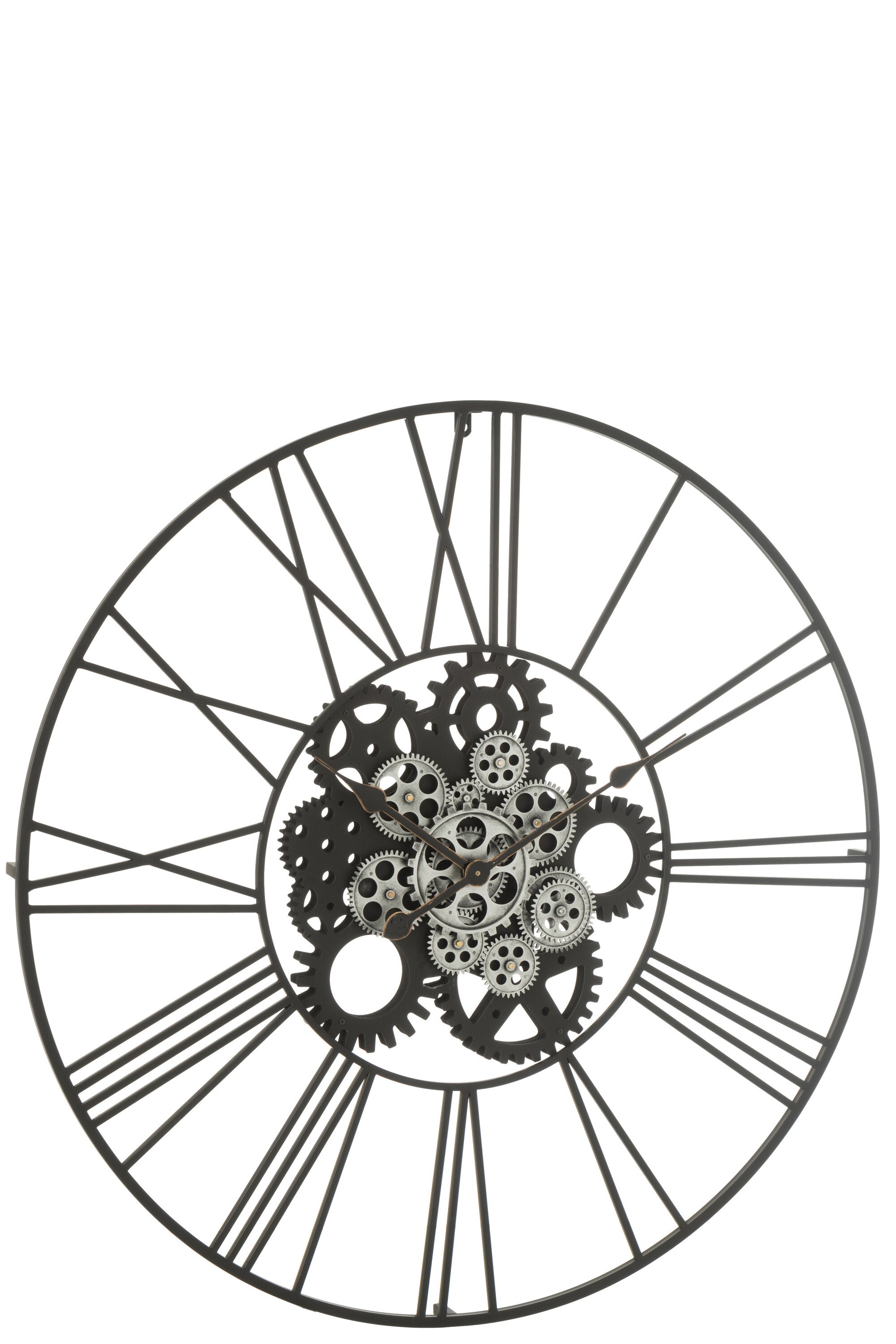 CLOCK ROUND ROMAN NUMERALS GEARS METAL BLACK