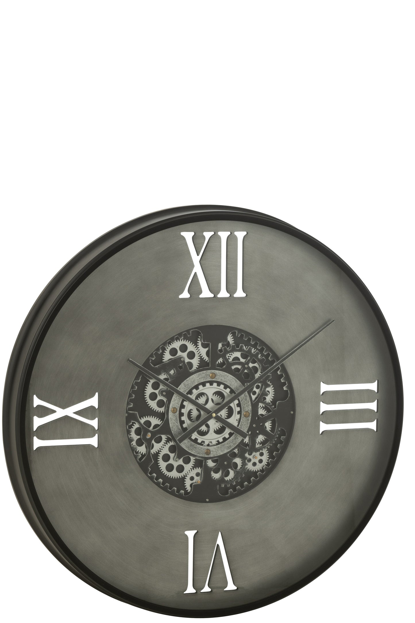 CLOCK ROUND 4 ROMAN NUMERALS GEARS METAL GREY/BLACK