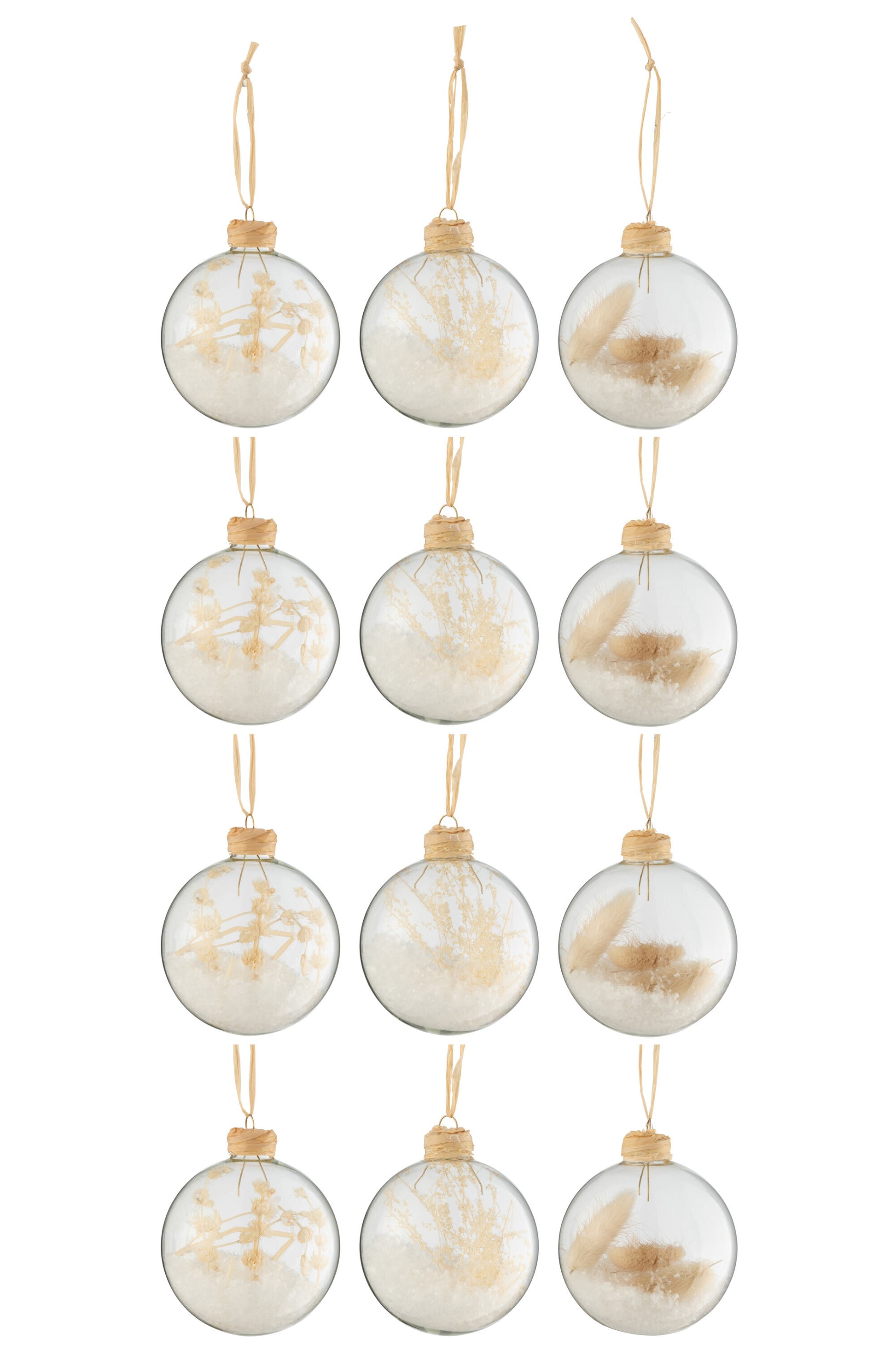 BOX OF 12 CHRISTMAS BAUBLES 4+4+4 DRIED BRANCHES BEIGE GLASS TRANSPARENT