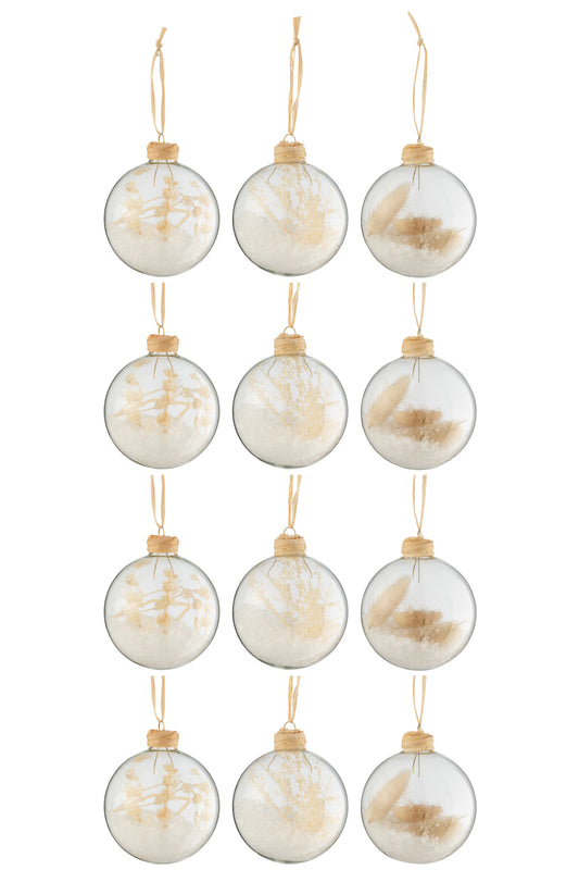 BOX OF 12 CHRISTMAS BAUBLES 4+4+4 DRIED BRANCHES BEIGE GLASS TRANSPARENT