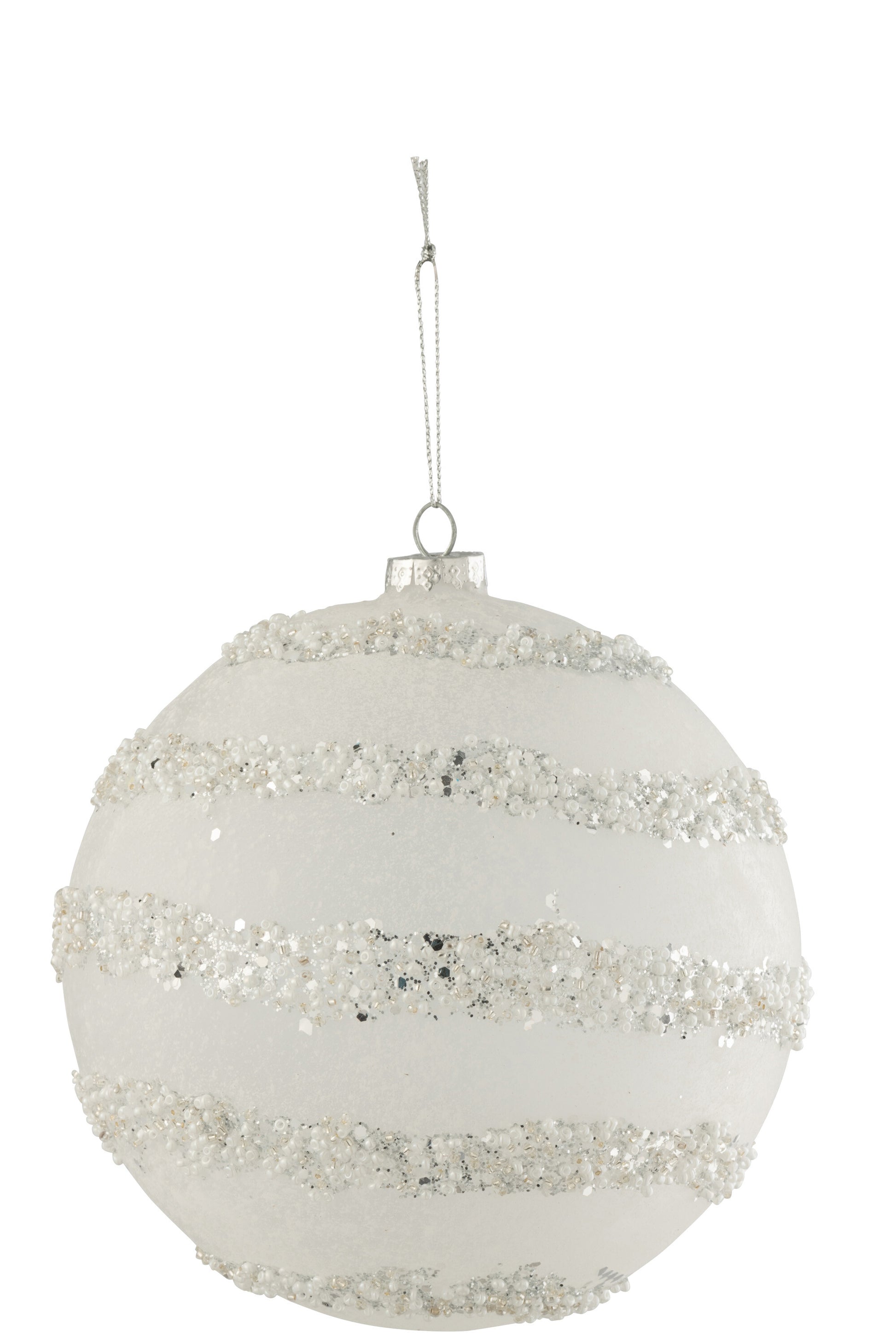 CHRISTMAS BAUBLE LINES GLITTER+PEARLS WHITE/SILVER GLASS MATTE WHITE EXTRA LARGE