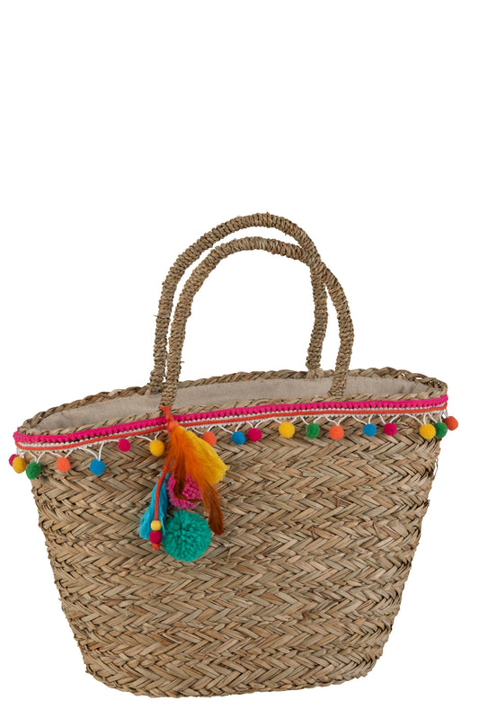 BEACH BAG POMPOM/FEATHERS MIX