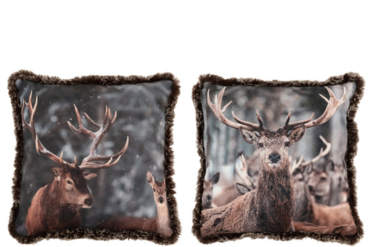 CUSHION DEER POLYESTER BROWN ASSORTMENT OF2