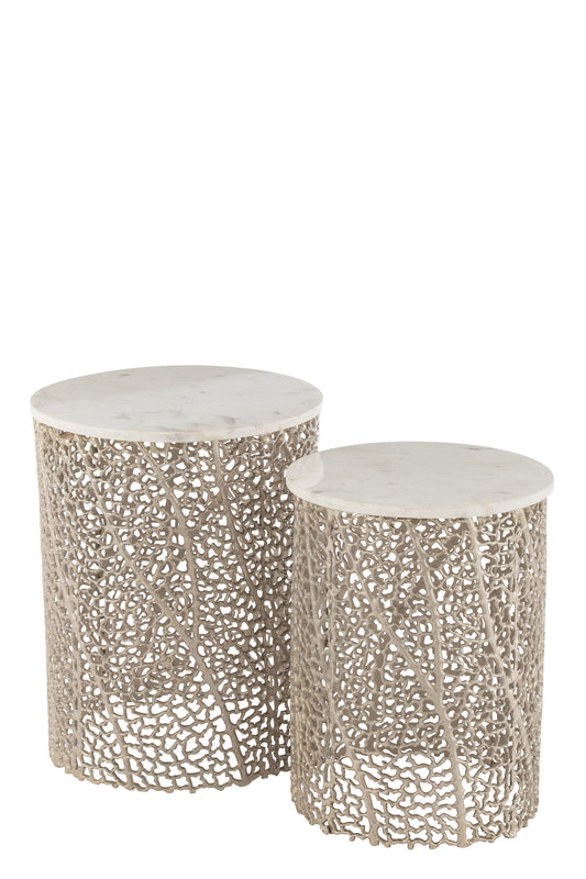 SET OF 2 CORAL TABLE MARBLE METAL CHAMPAGNE