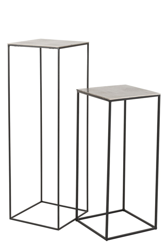 SET OF 2 SIDETABLES HIGH SQUARE ALUMINIUM/IRON SILVER/BLACK