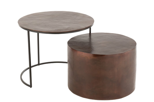 SET OF 2 SIDETABLE BLOCK ROUND ALUMINIUM/IRON BROWN