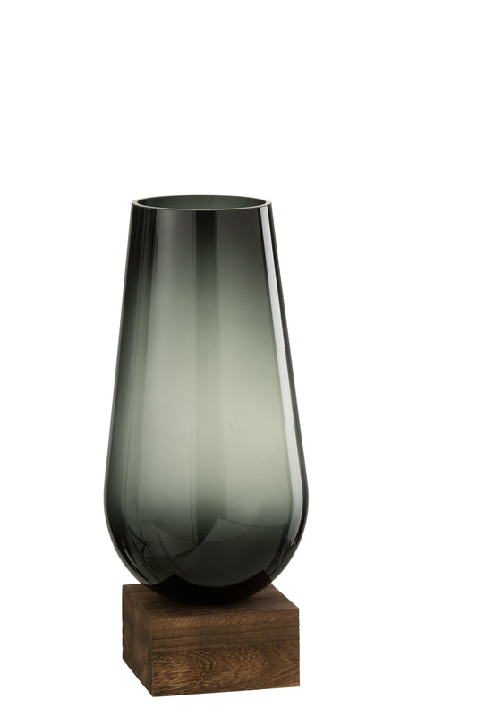 VASE ON FOOT ENO GLASS/WOOD DARK BROWN GREY SMALL