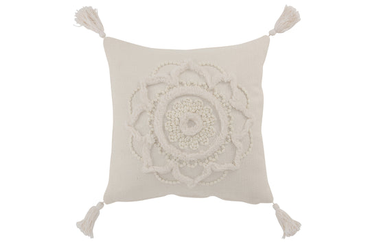 CUSHION FLOWER + TASSELS COTTON WHITE