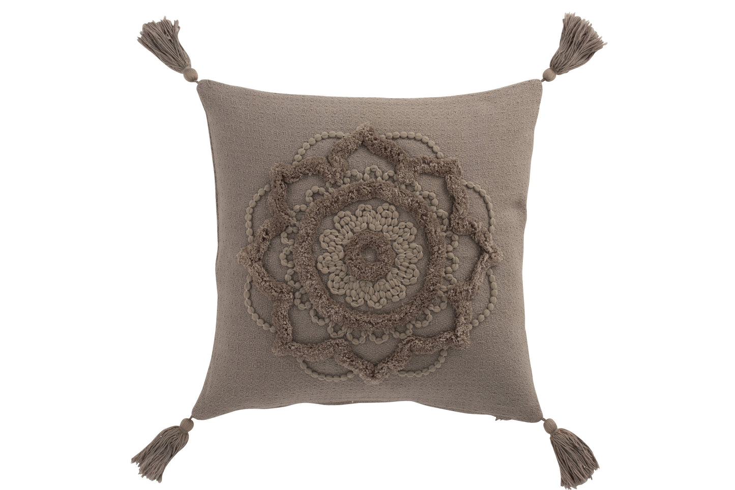 CUSHION FLOWER + TASSELS COTTON TAUPE