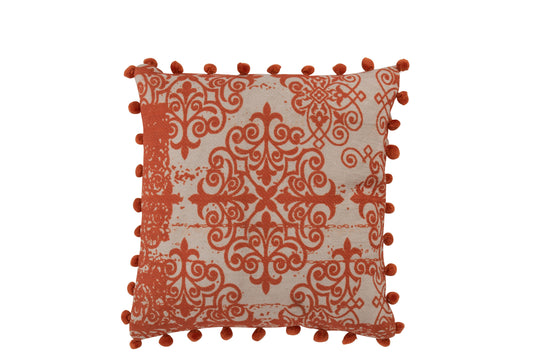 CUSHION BAROQUE POMPOM POLYESTER ORANGE/BEIGE