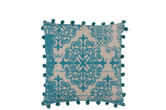 CUSHION BAROQUE POMPOM POLYESTER TURQUOISE/BEIGE