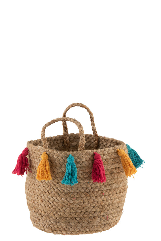 BASKET COLOURED TASSELS JUTE NATURAL LARGE