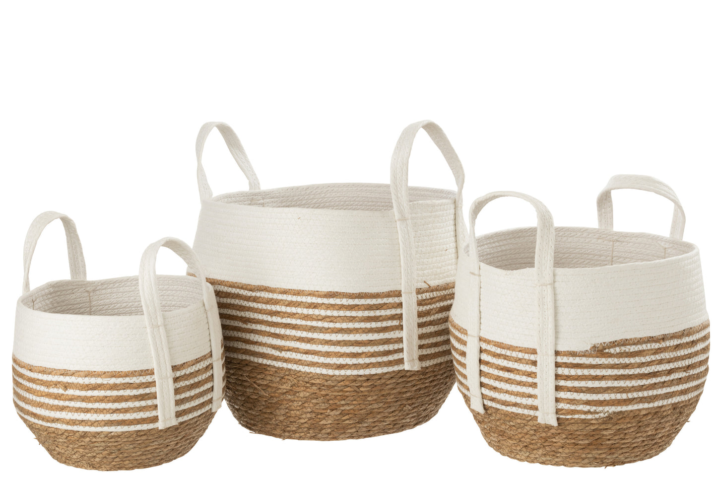 SET OF 3 BASKETS WITH HANDLE WOVEN GRASS WHITE NATURAL