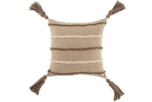 CUSHION STRIPE TASSEL COTTON BROWN/BEIGE