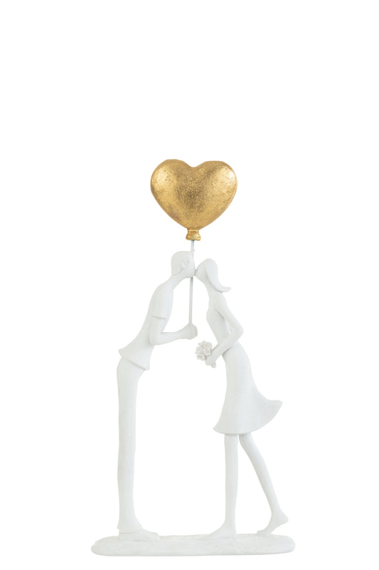 COUPLE KISS HEART BALLOON RESIN WHITE/GOLD