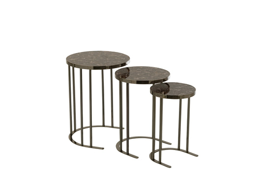 SET OF 3 SIDE TABLE ROUND SILVER/BROWN METAL/MDF