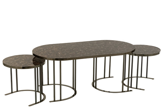 SET OF 3 SIDE TABLE OVAL SILVER/BROWN METAL/MDF
