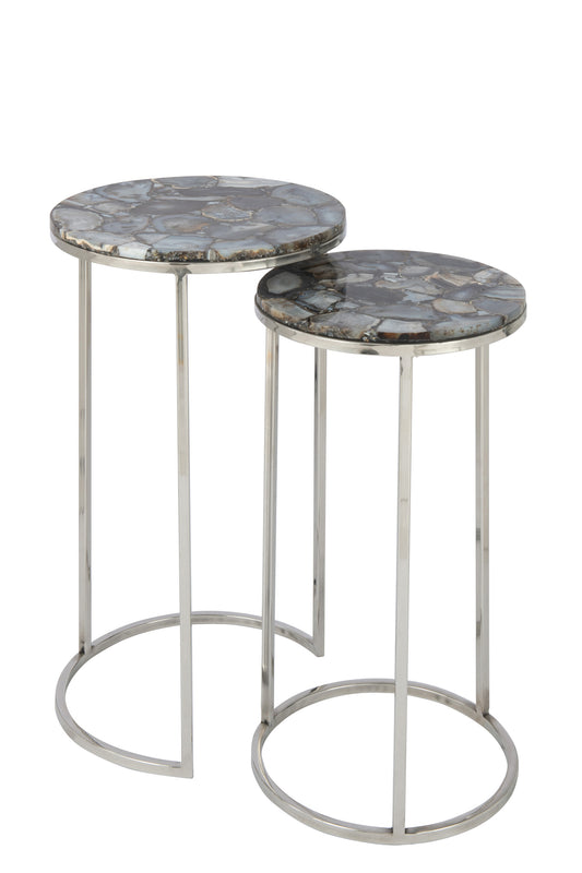 SET OF TWO SIDETABLES AGATE STONE/METAL GREY/SILVER
