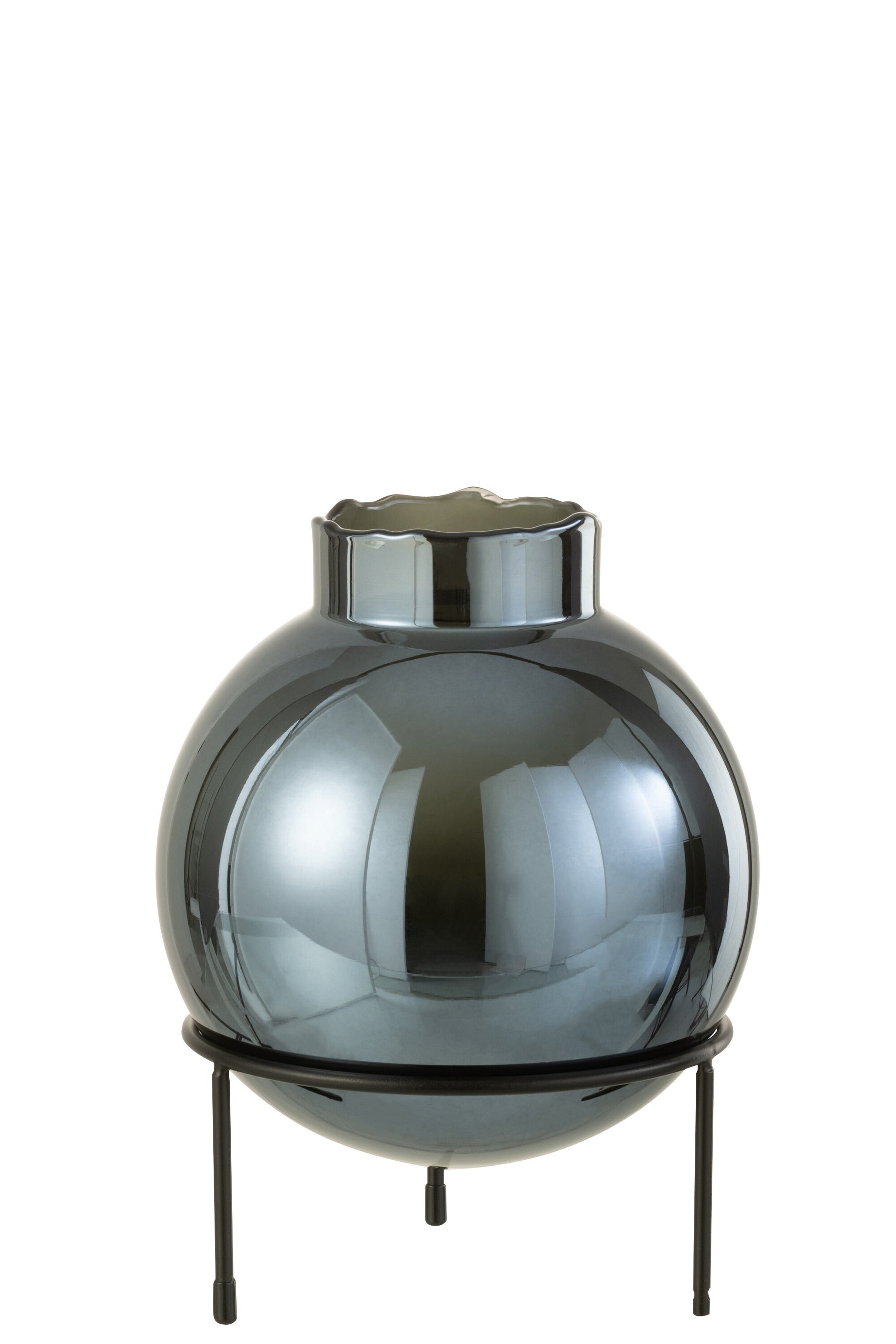 VASE BALL GLASS/METAL BLUE/BLACK LARGE