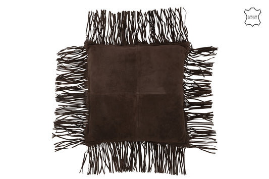 CUSHION FRINGE LEATHER BROWN