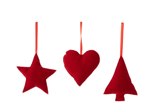 HANGER HEART/STAR/CHRISTMAS TREE TEXTILE RED ASSORTMENT OF 3