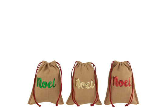 BAG CHRISTMAS SEQUIN+ DRAWSTRING JUTE NATURAL ASSORTMENT OF 3