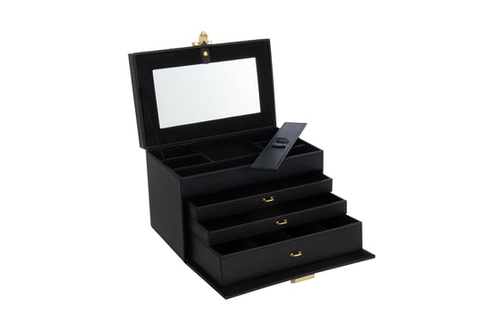 JEWELRY BOX WITH HANDLE+MIRROR FAKE LEATHER BLACK