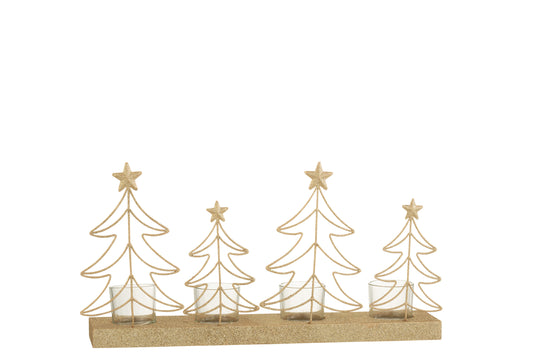 TEALIGHT HOLDER CHRISTMAS TREES 4 PIECES GLITTERS WOOD GOLD