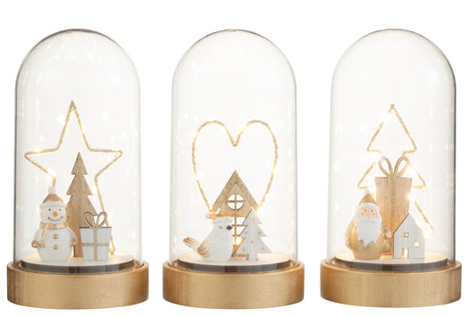 BELL JAR HEART/TREE/STAR+LED WOOD/GLASS WHITE/GOLD ASSORTMENT OF 3