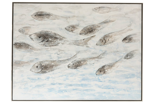 PAINTING FISHES SEA WOOD/CANVAS BLUE/GREY