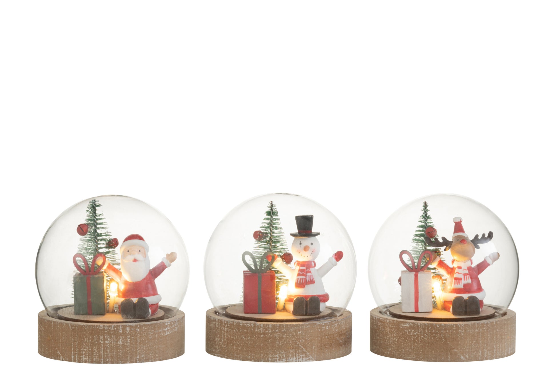 BELL JAR SANTA/REINDEER/SNOWMAN+LED WOOD/GLASS MIX ASSORTMENT OF 3