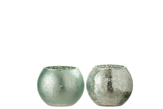 TEALIGHT HOLDER SPHERE CRAZED GLASS MATT/SHINY AQUA GREEN SMALL ASSORTMENT OF 2