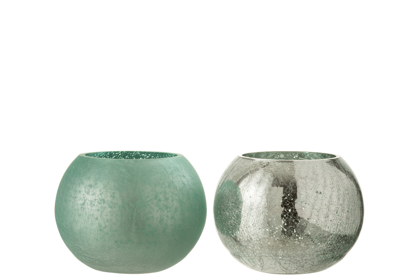 TEALIGHT HOLDER SPHERE CRAZED GLASS MATT/SHINY AQUA GREEN MEDIUM ASSORTMENT OF 2