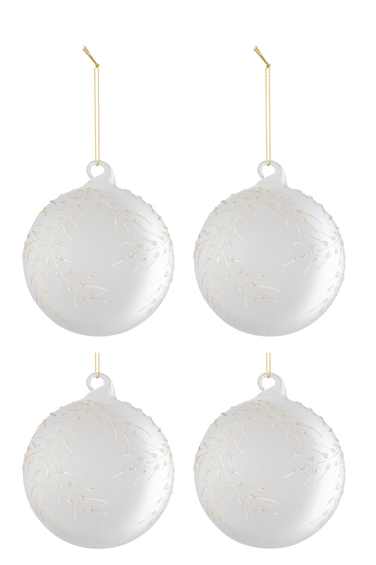 BOX OF 4 CHRISTMAS BAUBLE LEAVES GLASS FROSTED WHITE/GOLD