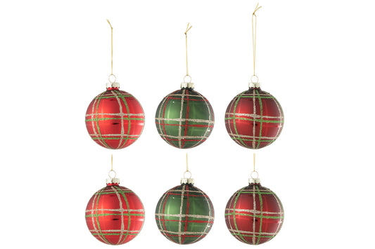 BOX OF 6 CHRISTMAS BAUBLE 2+2+2 CHECKERED SEQUINS RED/GREEN SMALL