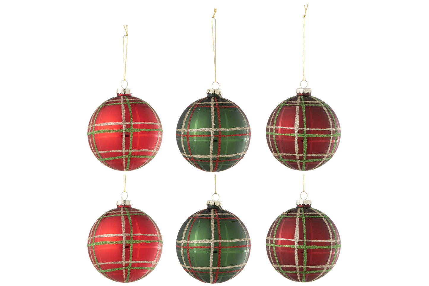 BOX OF 6 CHRISTMAS BAUBLE 2+2+2 CHECKERED SEQUINS RED/GREEN LARGE