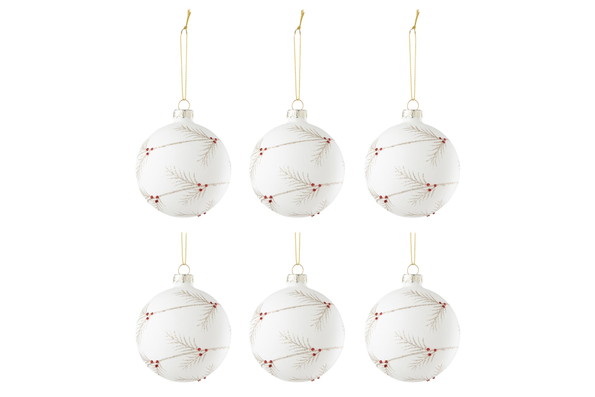 BOX OF 6 CHRISTMAS BAUBLE HOLLY GLASS WHITE/RED