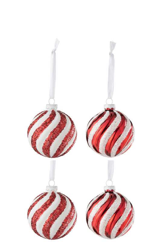 BOX OF 4 CHRISTMAS BAUBLE 2+2 LINES GLASS WHITE/RED SMALL