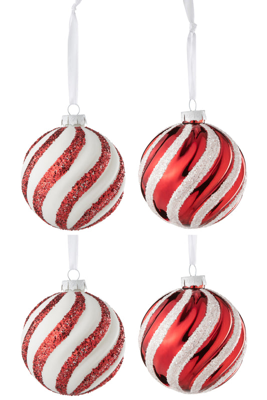 BOX OF 4 CHRISTMAS BAUBLE 2+2 LINES GLASS WHITE/RED LARGE