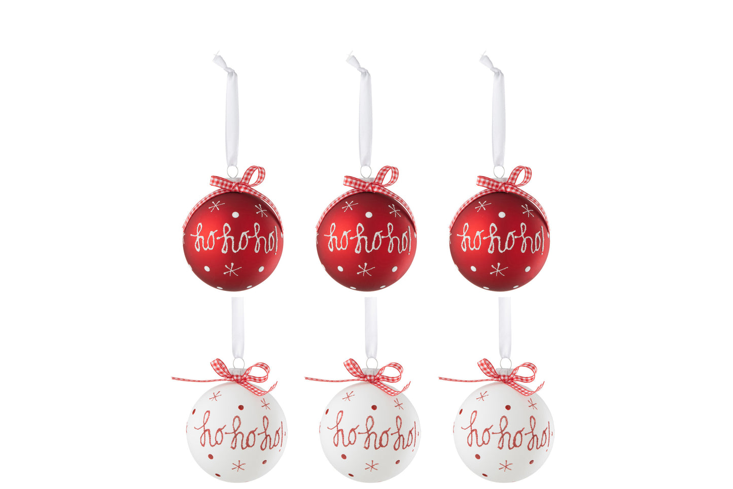 BOX OF 6 CHRISTMAS BAUBLE 3+3 HOHO+SNOWFLAKES+BOW RED/WHITE SMALL